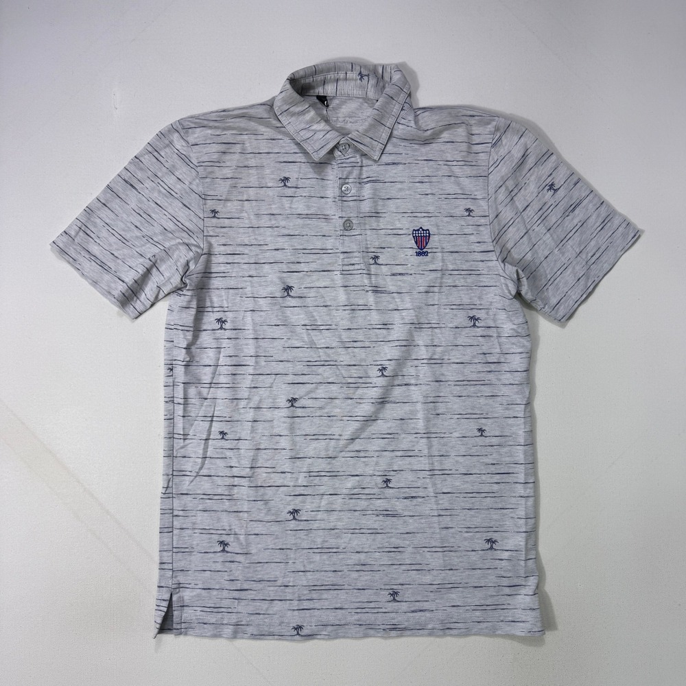 Travis Mathew Mens Small Polo Shirt Grey Palm Tree Stripe Golf Union League Logo